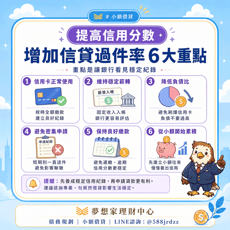 信用紀錄越完整、還款能力越清楚，申請小額信用貸款時，能有機會取得較好的額度與利率條件。