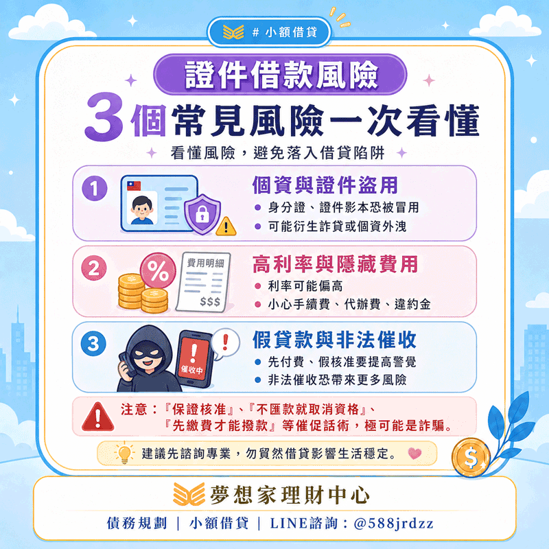 證件借款不會要求交出提款卡、網銀密碼或不合理的完整帳戶控制權。只要有要求提供敏感資料，就應立即拒絕。